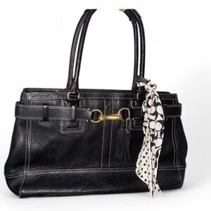 Coach Hampton Signature Black Carry All Leather Shoulder Bag with Silk Scarf